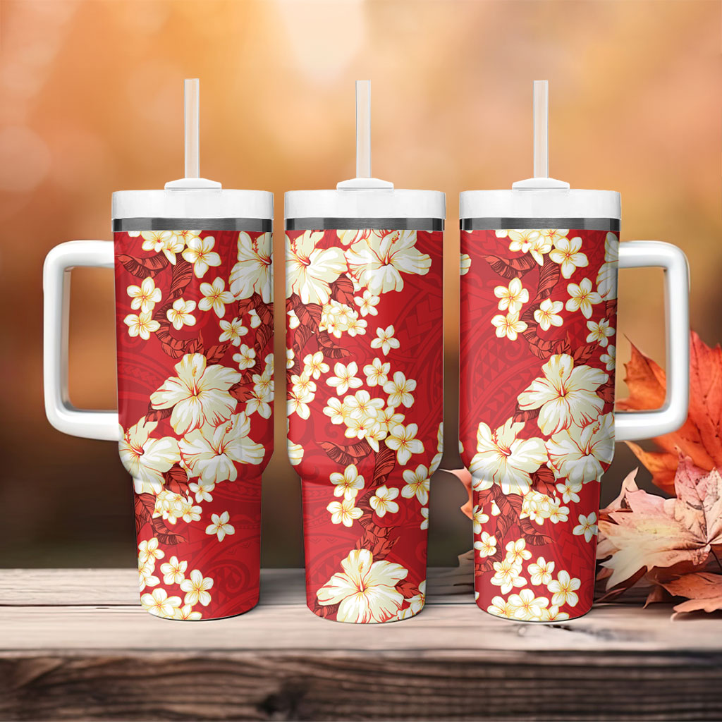 Hawaii Hibiscus Plumeria Red Tumbler With Handle Polynesian Pattern