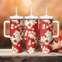 Hawaii Hibiscus Plumeria Red Tumbler With Handle Polynesian Pattern