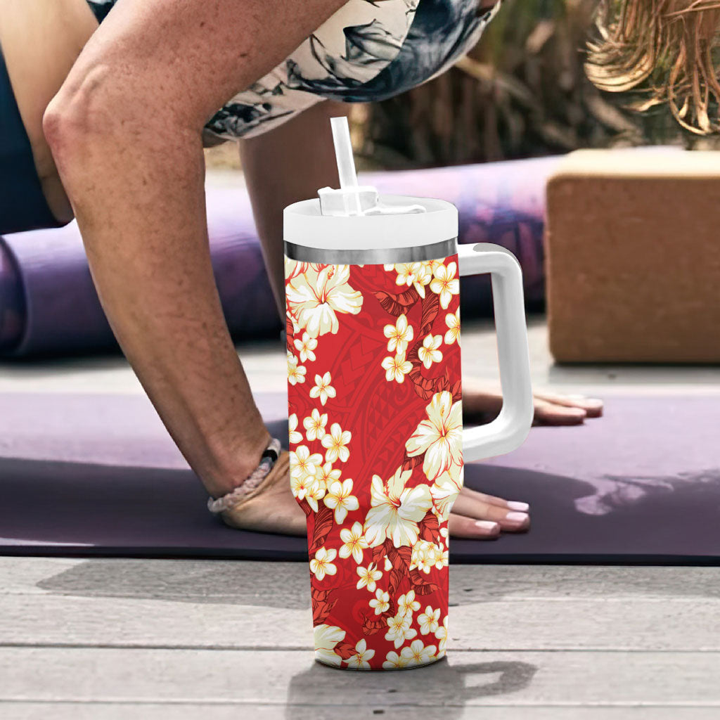 Hawaii Hibiscus Plumeria Red Tumbler With Handle Polynesian Pattern