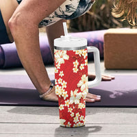 Hawaii Hibiscus Plumeria Red Tumbler With Handle Polynesian Pattern