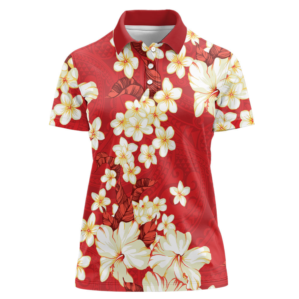 Hawaii Hibiscus Plumeria Red Women Polo Shirt Polynesian Pattern
