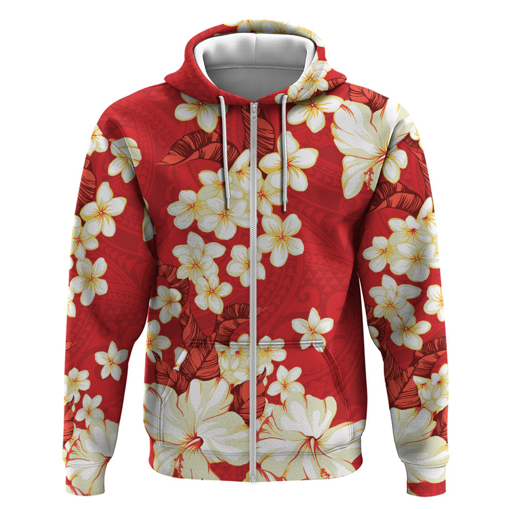Hawaii Hibiscus Plumeria Red Zip Hoodie Polynesian Pattern LT01 Zip Hoodie Red - Polynesian Pride