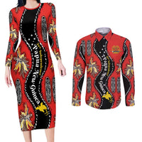 Papua New Guinea 50th Independence Couples Matching Long Sleeve Bodycon Dress and Long Sleeve Button Shirt PNG Batik Pattern - Polynesian Pride