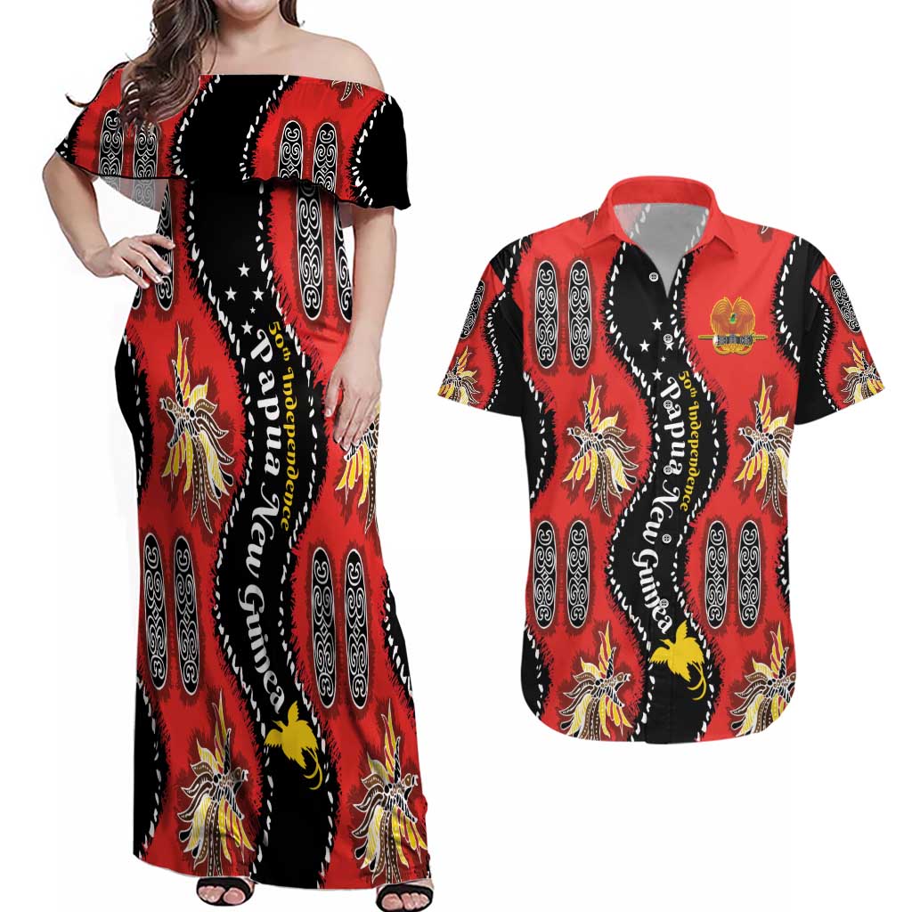 Papua New Guinea 50th Independence Couples Matching Off Shoulder Maxi Dress and Hawaiian Shirt PNG Batik Pattern - Polynesian Pride