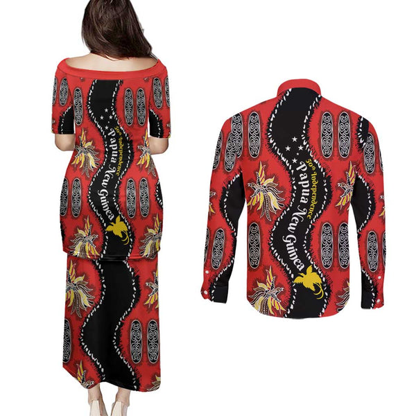 Papua New Guinea New Ireland Province Couples Matching Puletasi Dress and Long Sleeve Button Shirts Mix Coat Of Arms Polynesian Pattern LT05 main image 1