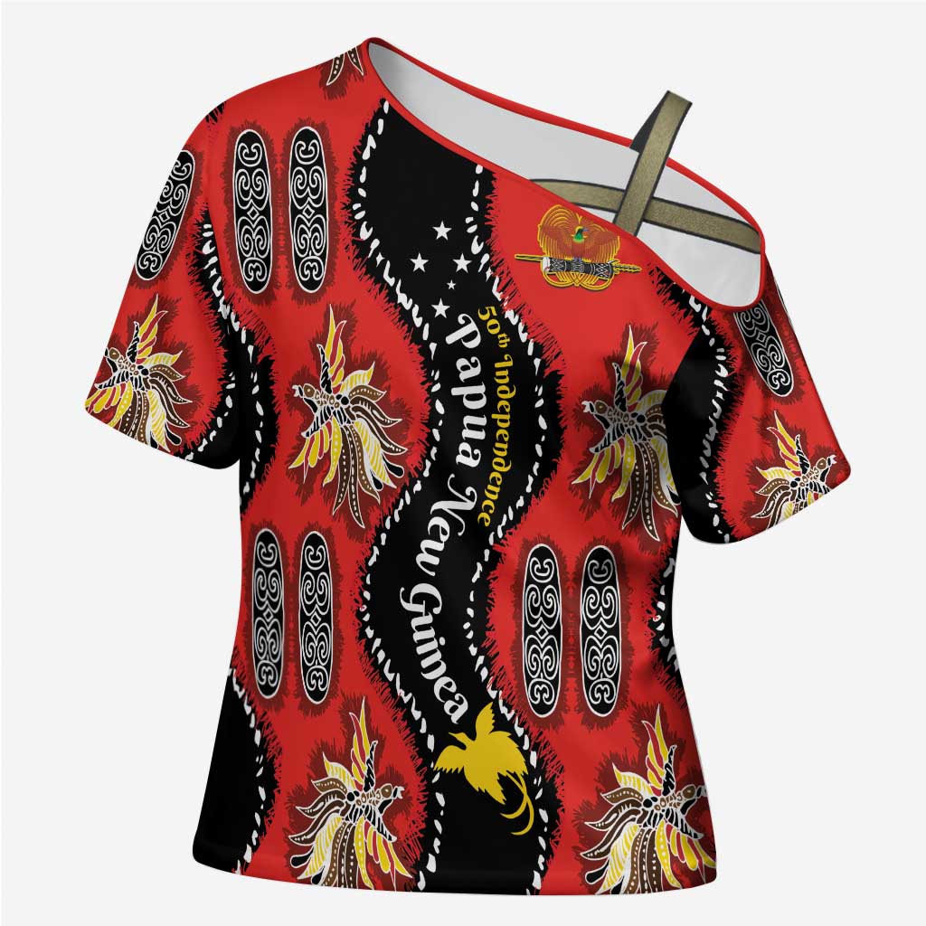 Papua New Guinea 50th Independence Cross Shoulder Shirt PNG Batik Pattern - Polynesian Pride