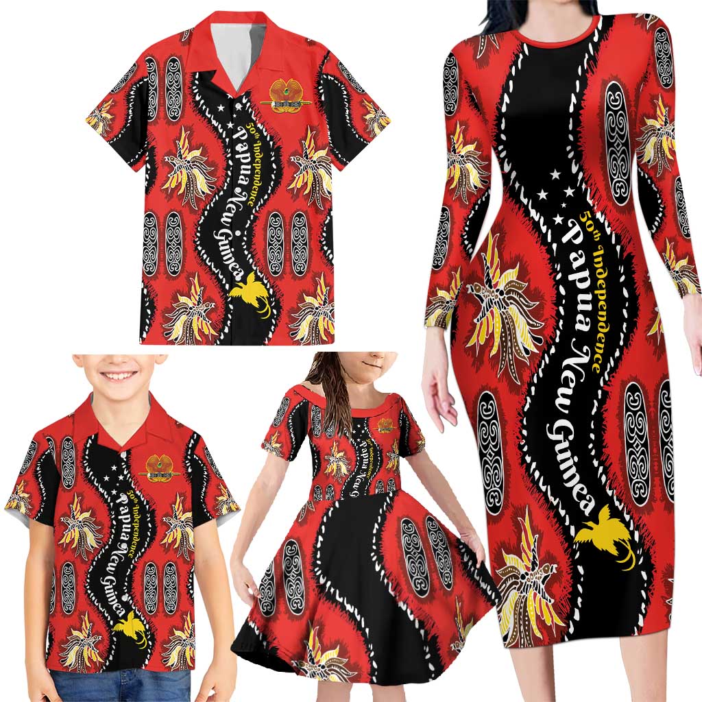 Papua New Guinea 50th Independence Family Matching Long Sleeve Bodycon Dress and Hawaiian Shirt PNG Batik Pattern - Polynesian Pride