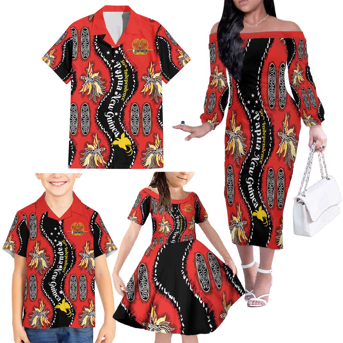 Papua New Guinea 50th Independence Family Matching Off The Shoulder Long Sleeve Dress and Hawaiian Shirt PNG Batik Pattern - Polynesian Pride