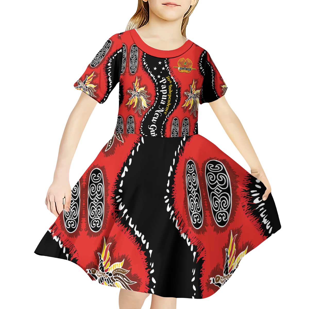 Papua New Guinea 50th Independence Kid Short Sleeve Dress PNG Batik Pattern - Polynesian Pride