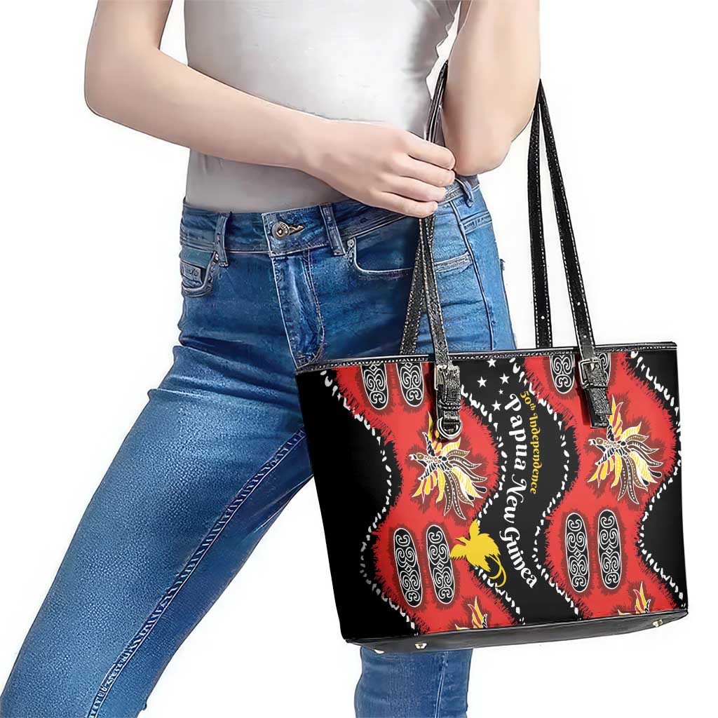 Papua New Guinea 50th Independence Leather Tote Bag PNG Batik Pattern - Polynesian Pride