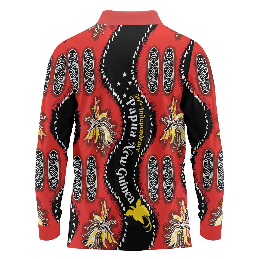 Papua New Guinea 50th Independence Long Sleeve Polo Shirt PNG Batik Pattern - Polynesian Pride