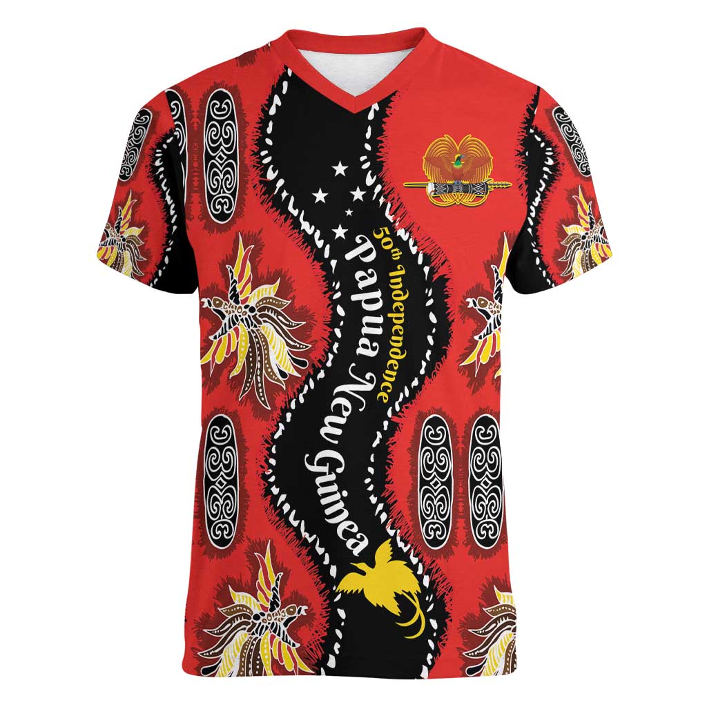 Papua New Guinea 50th Independence Women V-Neck T-Shirt PNG Batik Pattern - Polynesian Pride