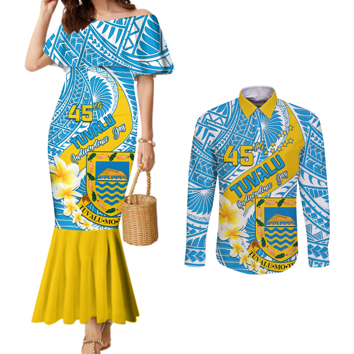 personalised-tuvalu-independence-day-couples-matching-mermaid-dress-and-long-sleeve-button-shirts-plumeria-45th-anniversary