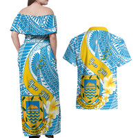 personalised-tuvalu-independence-day-couples-matching-off-shoulder-maxi-dress-and-hawaiian-shirt-plumeria-45th-anniversary