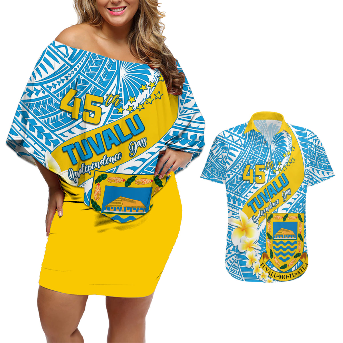 personalised-tuvalu-independence-day-couples-matching-off-shoulder-short-dress-and-hawaiian-shirt-plumeria-45th-anniversary