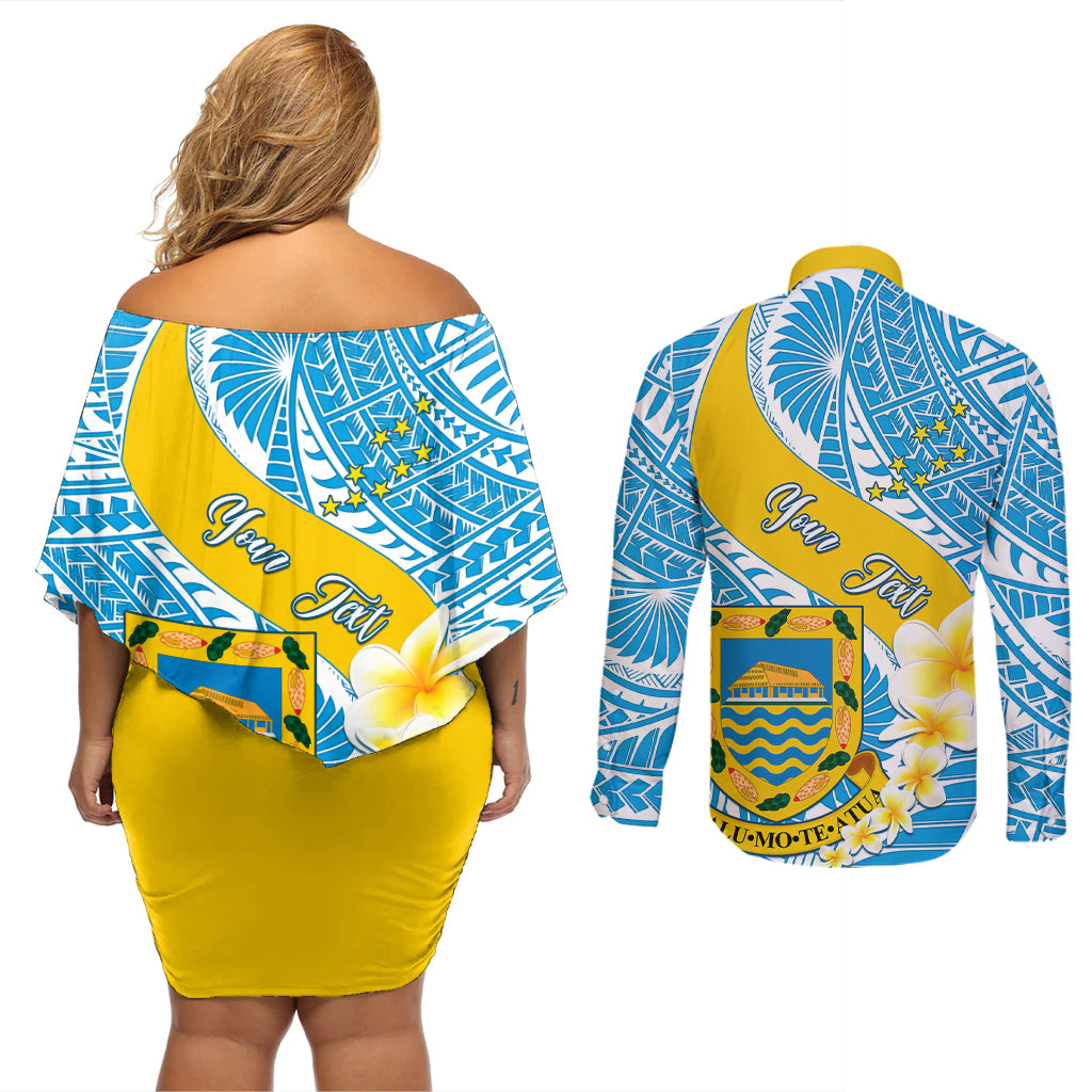 personalised-tuvalu-independence-day-couples-matching-off-shoulder-short-dress-and-long-sleeve-button-shirts-plumeria-45th-anniversary