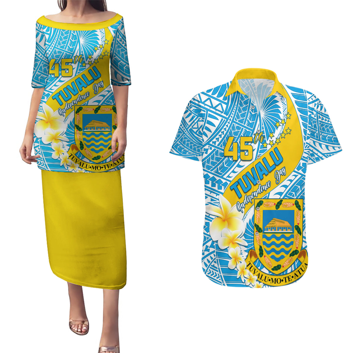 personalised-tuvalu-independence-day-couples-matching-puletasi-dress-and-hawaiian-shirt-plumeria-45th-anniversary
