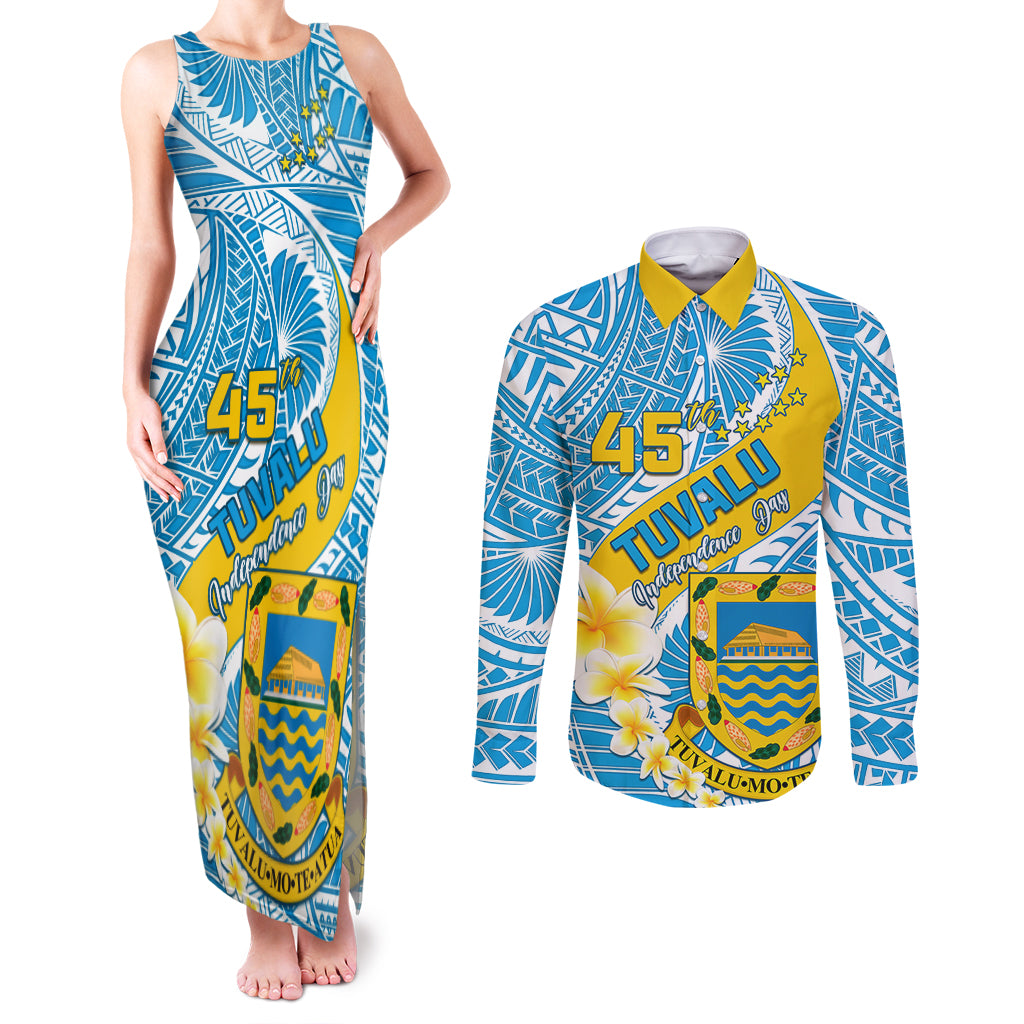 personalised-tuvalu-independence-day-couples-matching-tank-maxi-dress-and-long-sleeve-button-shirts-plumeria-45th-anniversary