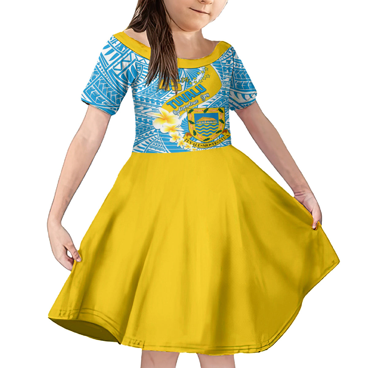 personalised-tuvalu-independence-day-family-matching-off-shoulder-maxi-dress-and-hawaiian-shirt-plumeria-45th-anniversary