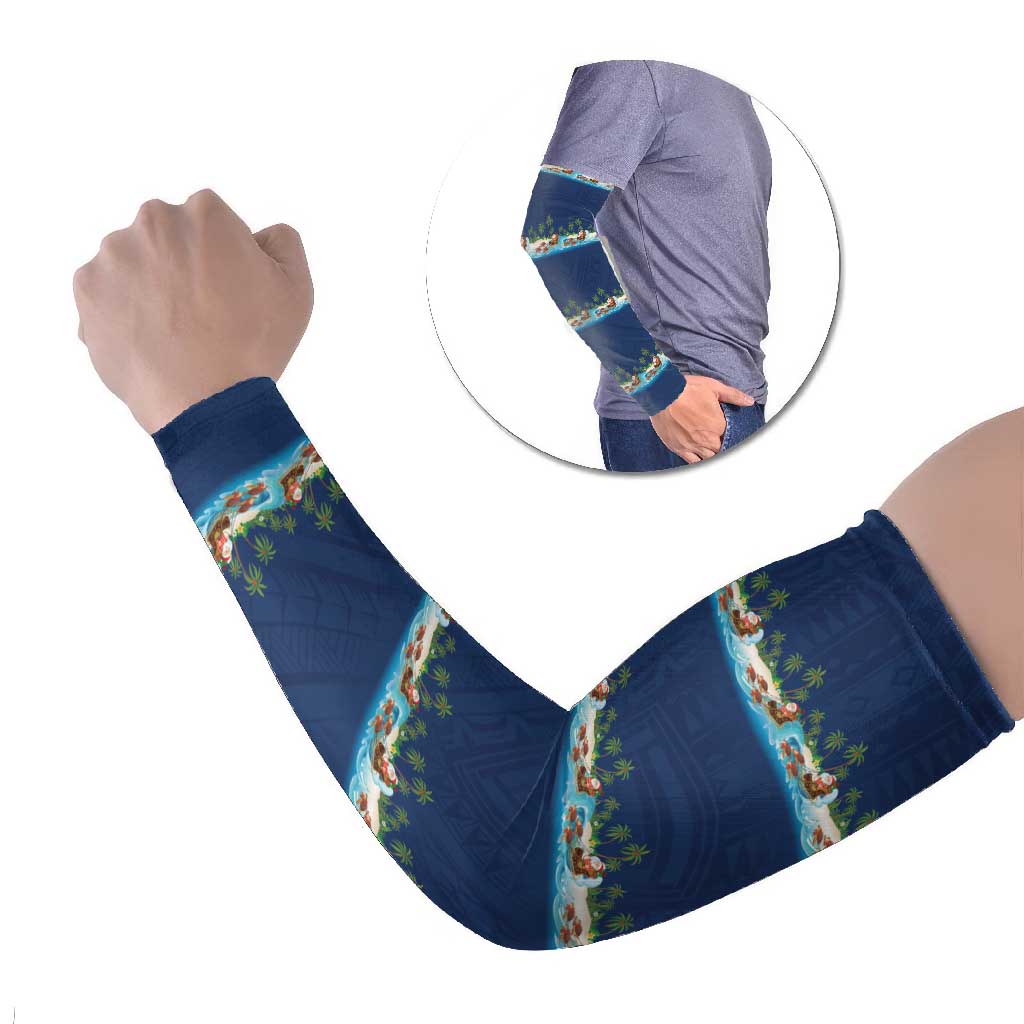 Hawaii Santa Riding Sea Turtle Arm Sleeves Mele Kalikimaka Polynesian Pattern - Polynesian Pride