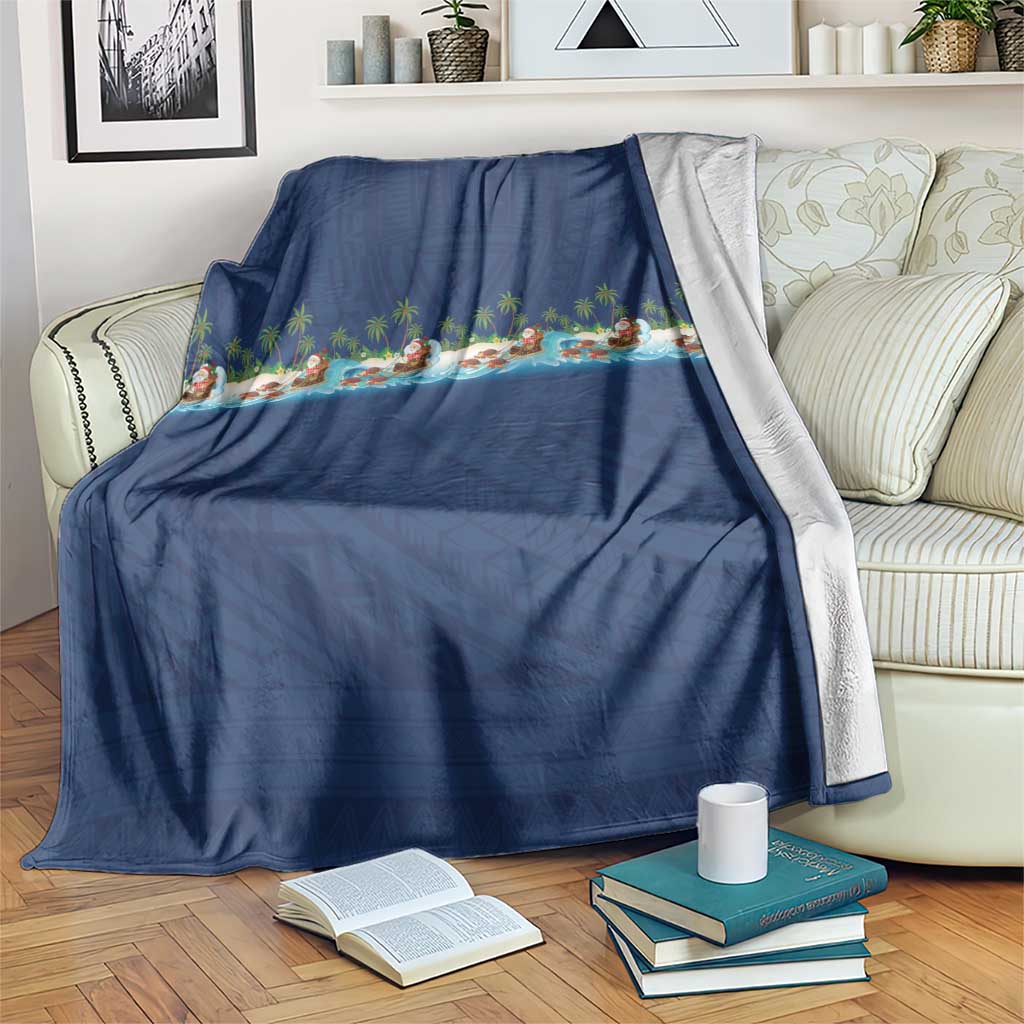 Hawaii Santa Riding Sea Turtle Blanket Mele Kalikimaka Polynesian Pattern LT01 Blue - Polynesian Pride