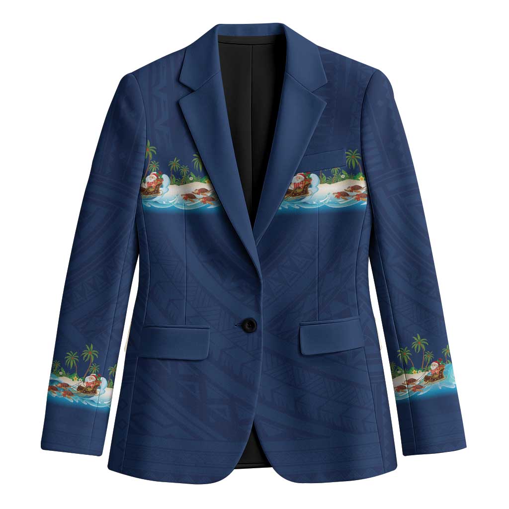 Hawaii Santa Riding Sea Turtle Blazer Mele Kalikimaka Polynesian Pattern LT01 Unisex Blue - Polynesian Pride