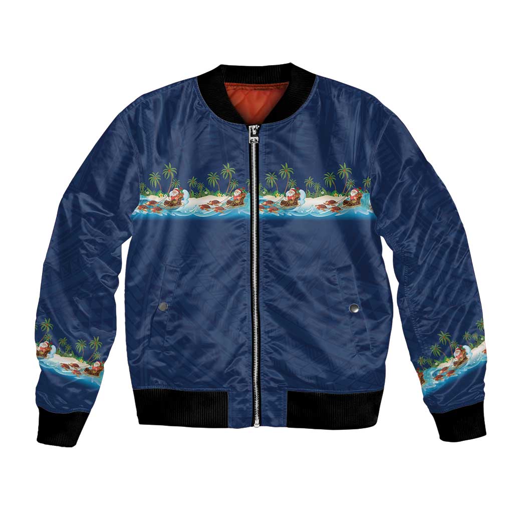 Hawaii Santa Riding Sea Turtle Bomber Jacket Mele Kalikimaka Polynesian Pattern LT01 Unisex Blue - Polynesian Pride
