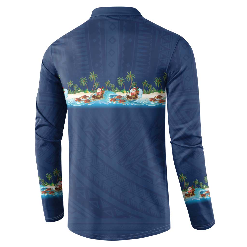 Hawaii Santa Riding Sea Turtle Button Sweatshirt Mele Kalikimaka Polynesian Pattern - Polynesian Pride