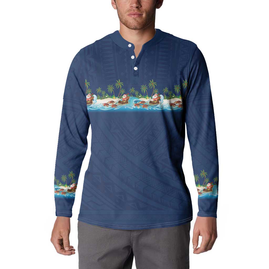 Hawaii Santa Riding Sea Turtle Button Sweatshirt Mele Kalikimaka Polynesian Pattern - Polynesian Pride