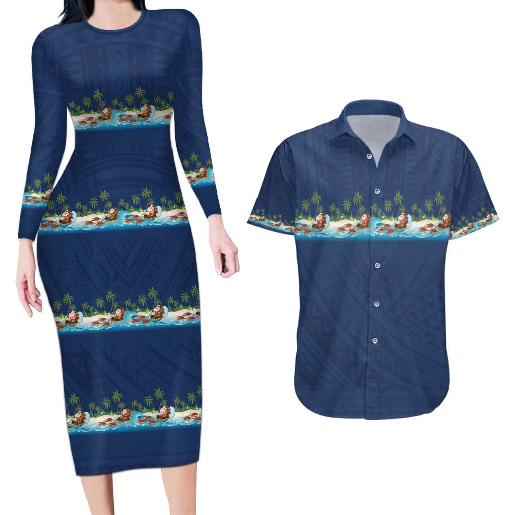 Hawaii Santa Riding Sea Turtle Couples Matching Long Sleeve Bodycon Dress and Hawaiian Shirt Mele Kalikimaka Polynesian Pattern - Polynesian Pride