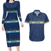 Hawaii Santa Riding Sea Turtle Couples Matching Long Sleeve Bodycon Dress and Hawaiian Shirt Mele Kalikimaka Polynesian Pattern - Polynesian Pride