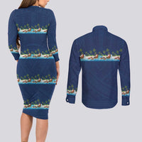 Hawaii Santa Riding Sea Turtle Couples Matching Long Sleeve Bodycon Dress and Long Sleeve Button Shirt Mele Kalikimaka Polynesian Pattern - Polynesian Pride