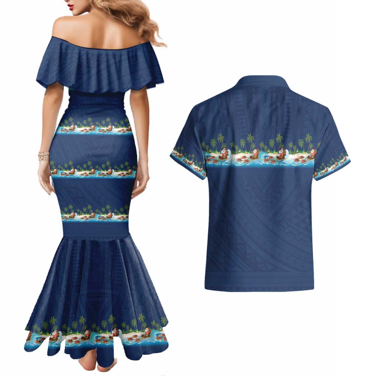 Hawaii Santa Riding Sea Turtle Couples Matching Mermaid Dress and Hawaiian Shirt Mele Kalikimaka Polynesian Pattern - Polynesian Pride
