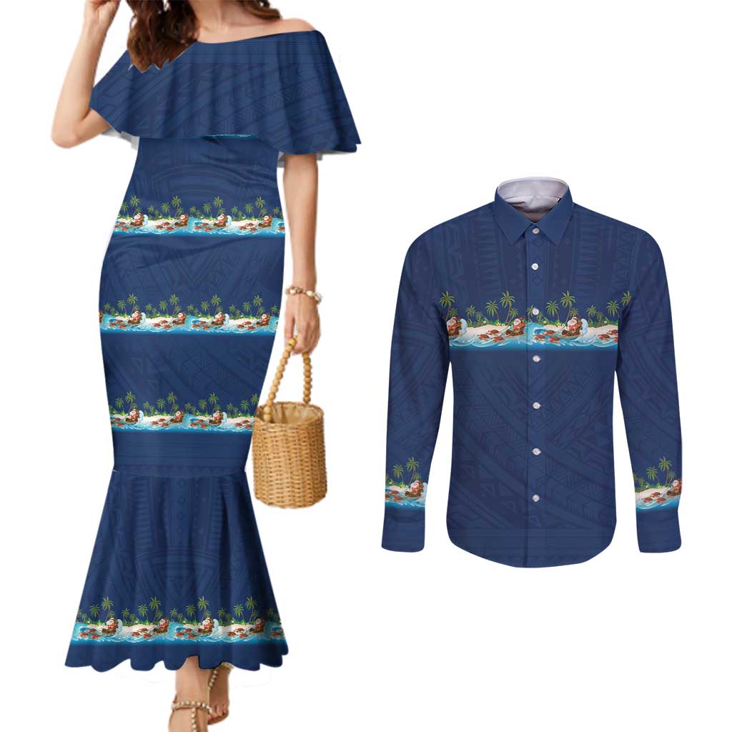 Hawaii Santa Riding Sea Turtle Couples Matching Mermaid Dress and Long Sleeve Button Shirt Mele Kalikimaka Polynesian Pattern LT01 Blue - Polynesian Pride