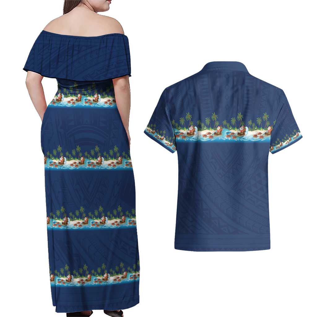 Hawaii Santa Riding Sea Turtle Couples Matching Off Shoulder Maxi Dress and Hawaiian Shirt Mele Kalikimaka Polynesian Pattern - Polynesian Pride