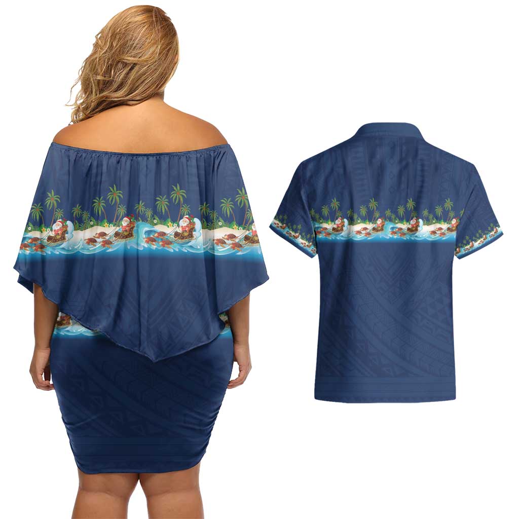 Hawaii Santa Riding Sea Turtle Couples Matching Off Shoulder Short Dress and Hawaiian Shirt Mele Kalikimaka Polynesian Pattern - Polynesian Pride