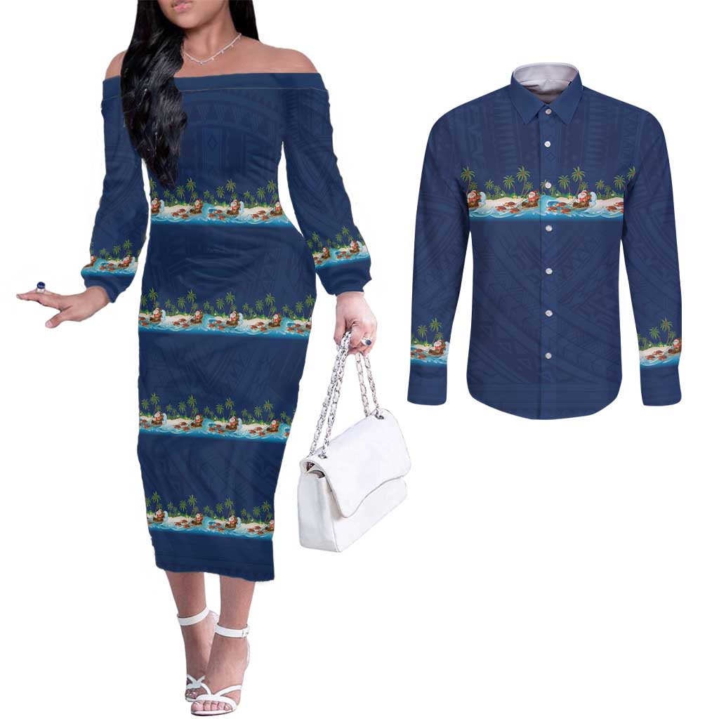 Hawaii Santa Riding Sea Turtle Couples Matching Off The Shoulder Long Sleeve Dress and Long Sleeve Button Shirt Mele Kalikimaka Polynesian Pattern LT01 Blue - Polynesian Pride