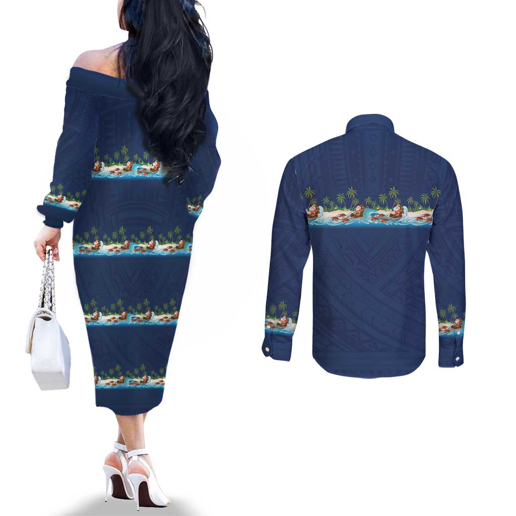 Hawaii Santa Riding Sea Turtle Couples Matching Off The Shoulder Long Sleeve Dress and Long Sleeve Button Shirt Mele Kalikimaka Polynesian Pattern - Polynesian Pride