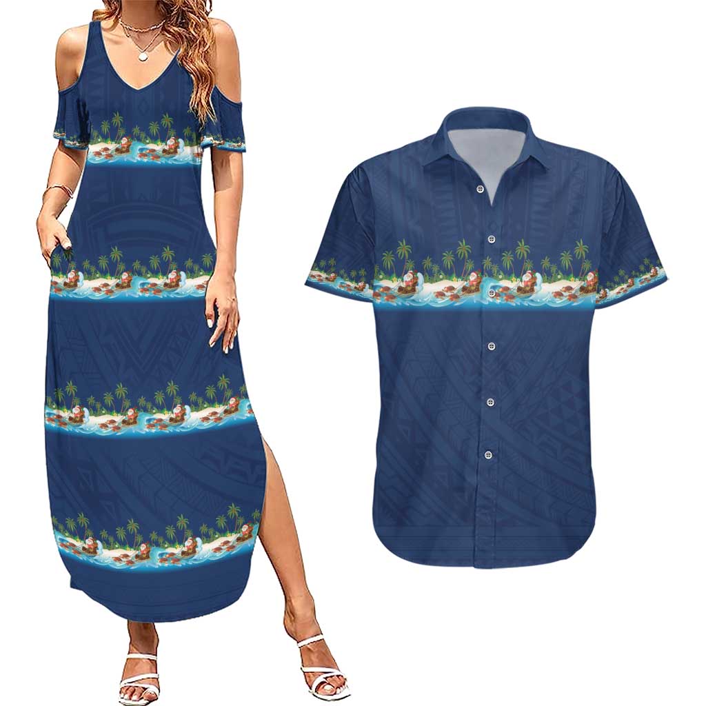 Hawaii Santa Riding Sea Turtle Couples Matching Summer Maxi Dress and Hawaiian Shirt Mele Kalikimaka Polynesian Pattern - Polynesian Pride