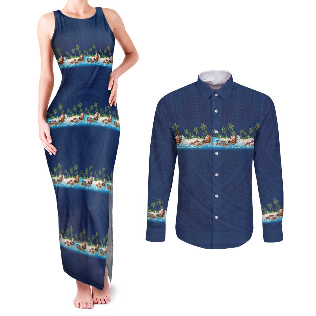 Hawaii Santa Riding Sea Turtle Couples Matching Tank Maxi Dress and Long Sleeve Button Shirt Mele Kalikimaka Polynesian Pattern LT01 Blue - Polynesian Pride
