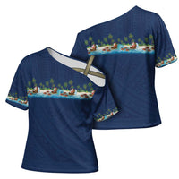 Hawaii Santa Riding Sea Turtle Cross Shoulder Shirt Mele Kalikimaka Polynesian Pattern - Polynesian Pride