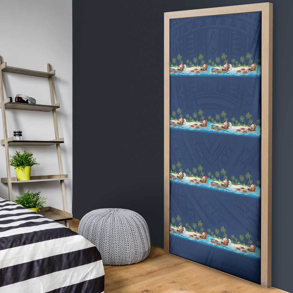 Hawaii Santa Riding Sea Turtle Door Cover Mele Kalikimaka Polynesian Pattern - Polynesian Pride