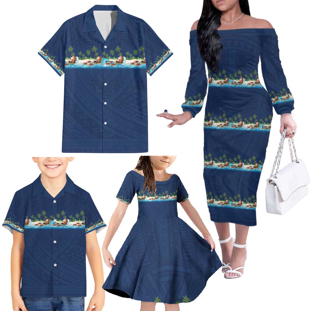 Hawaii Santa Riding Sea Turtle Family Matching Off The Shoulder Long Sleeve Dress and Hawaiian Shirt Mele Kalikimaka Polynesian Pattern - Polynesian Pride
