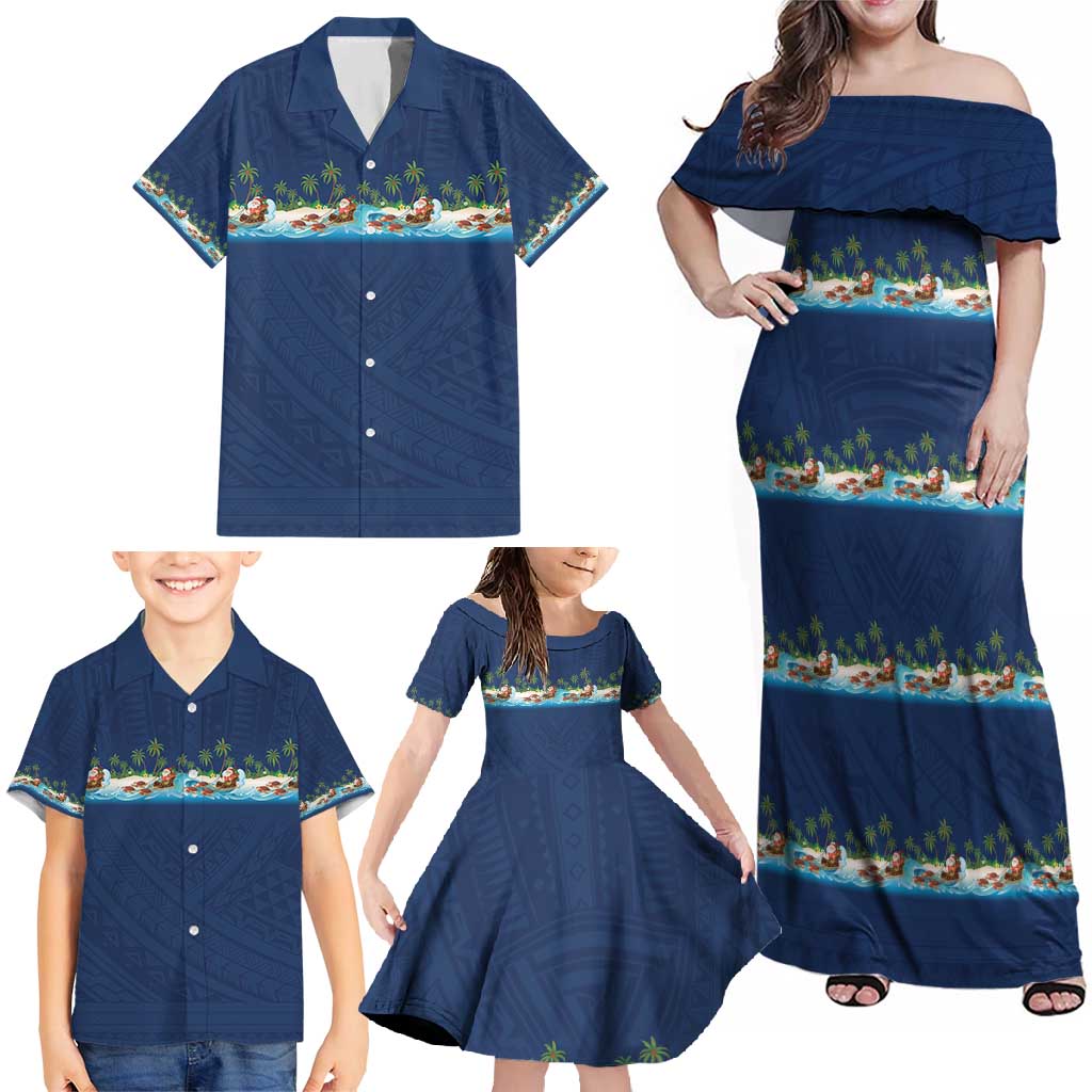 Hawaii Santa Riding Sea Turtle Family Matching Off Shoulder Maxi Dress and Hawaiian Shirt Mele Kalikimaka Polynesian Pattern - Polynesian Pride