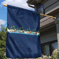 Hawaii Santa Riding Sea Turtle Garden Flag Mele Kalikimaka Polynesian Pattern - Polynesian Pride