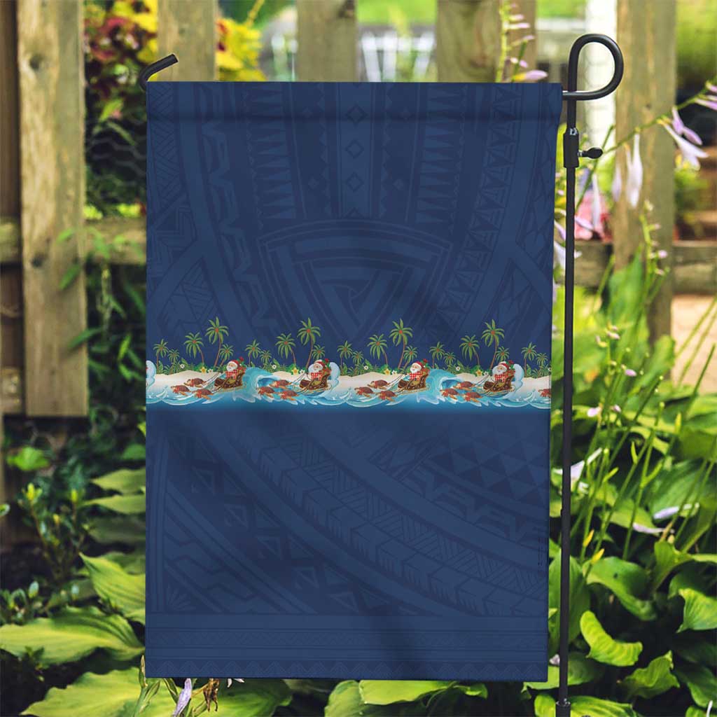 Hawaii Santa Riding Sea Turtle Garden Flag Mele Kalikimaka Polynesian Pattern - Polynesian Pride