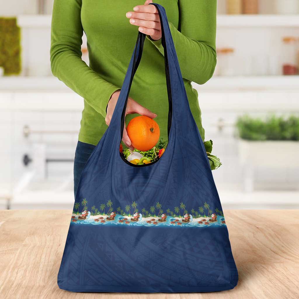 Hawaii Santa Riding Sea Turtle Grocery Bag Mele Kalikimaka Polynesian Pattern - Polynesian Pride
