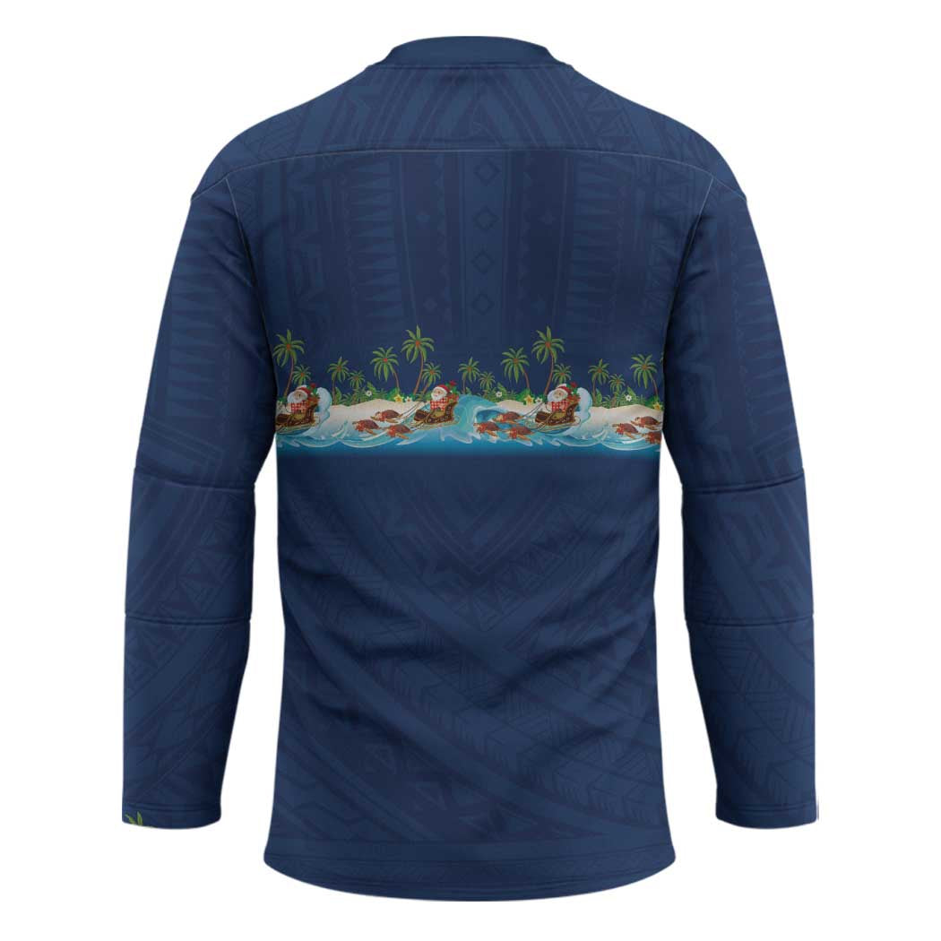 Hawaii Santa Riding Sea Turtle Hockey Jersey Mele Kalikimaka Polynesian Pattern - Polynesian Pride