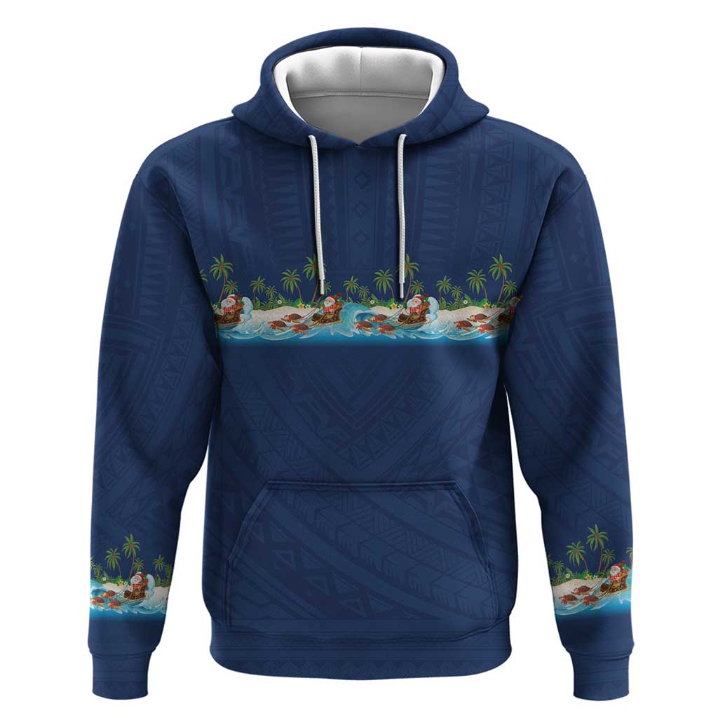 Hawaii Santa Riding Sea Turtle Hoodie Mele Kalikimaka Polynesian Pattern LT01 Pullover Hoodie Blue - Polynesian Pride