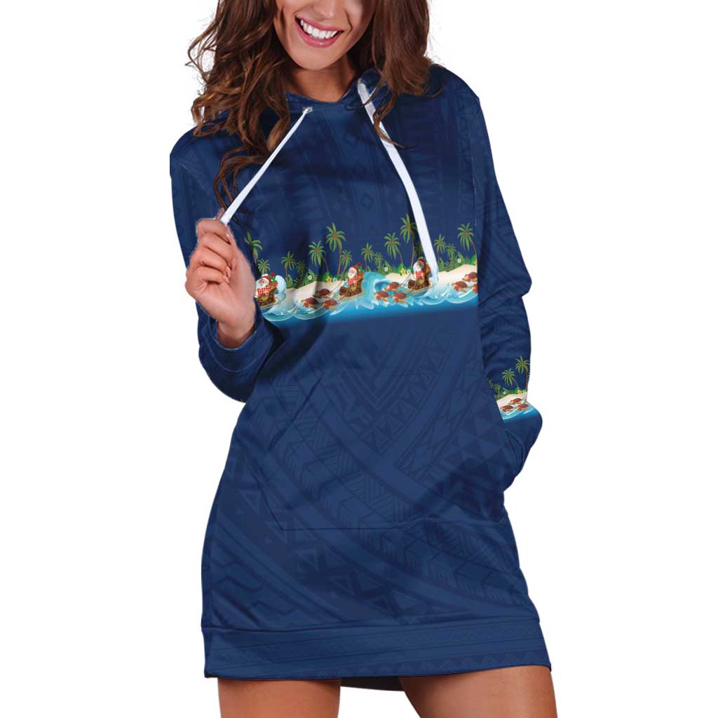 Hawaii Santa Riding Sea Turtle Hoodie Dress Mele Kalikimaka Polynesian Pattern LT01 Blue - Polynesian Pride